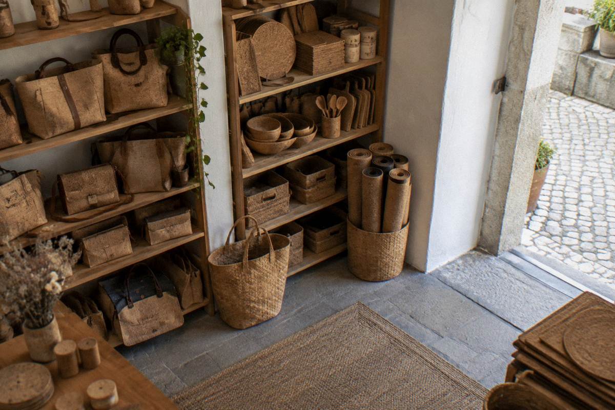 A small shop interior of warm cork bags and mats on wooden shelves beside a whitewashed doorway on a grey day