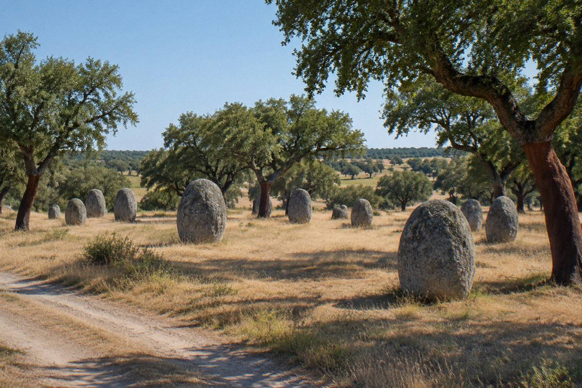 Rounded grey granite standing stones in loose ovals among cork oaks and dry golden grass in long soft shadow