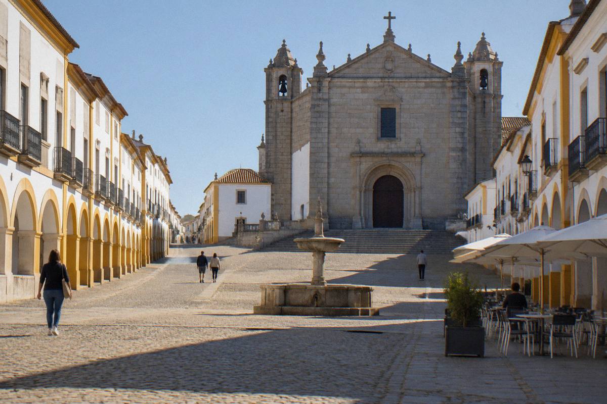 A sloping square lined with whitewashed arcades trimmed in ochre and a granite church front at the top