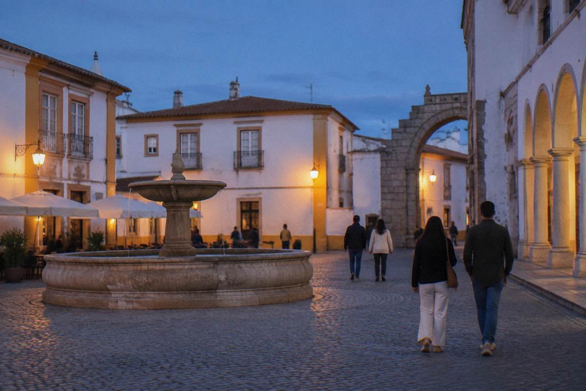Early evening in a small square of whitewashed houses around a round stone fountain, warm light and people walking away from the camera