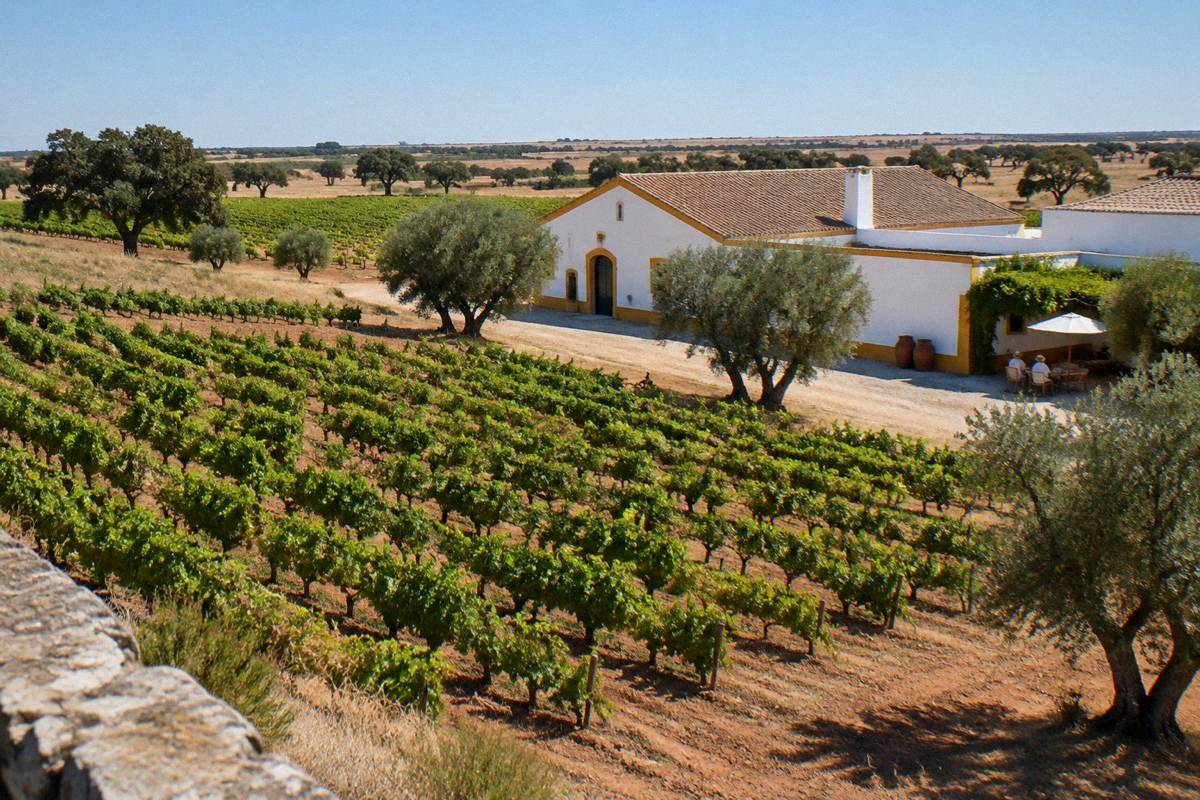 Neat rows of bush vines on dry red-brown soil with a low whitewashed winery building in hot clear morning light