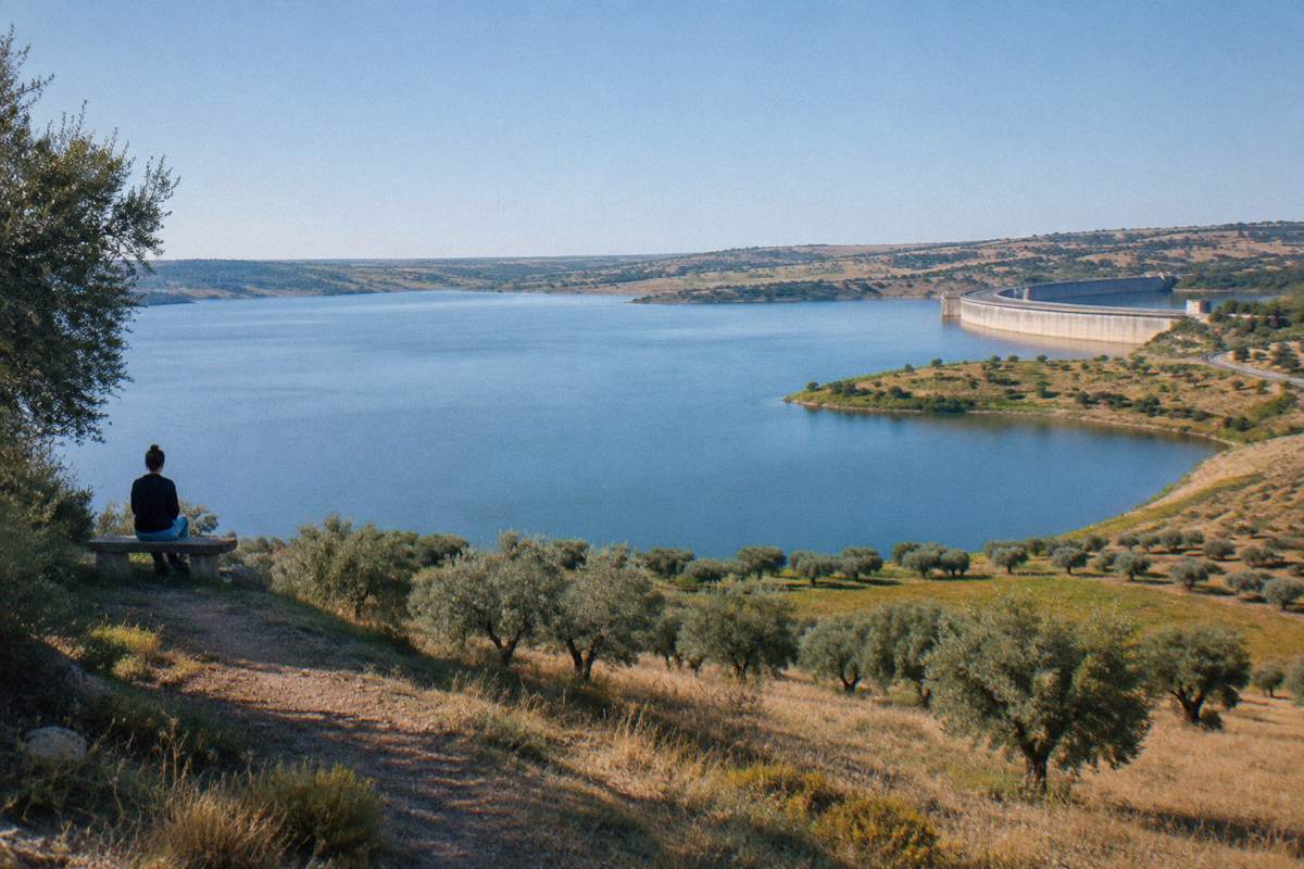 A vast calm blue lake between gentle dry hills with a long curved concrete dam wall at one end