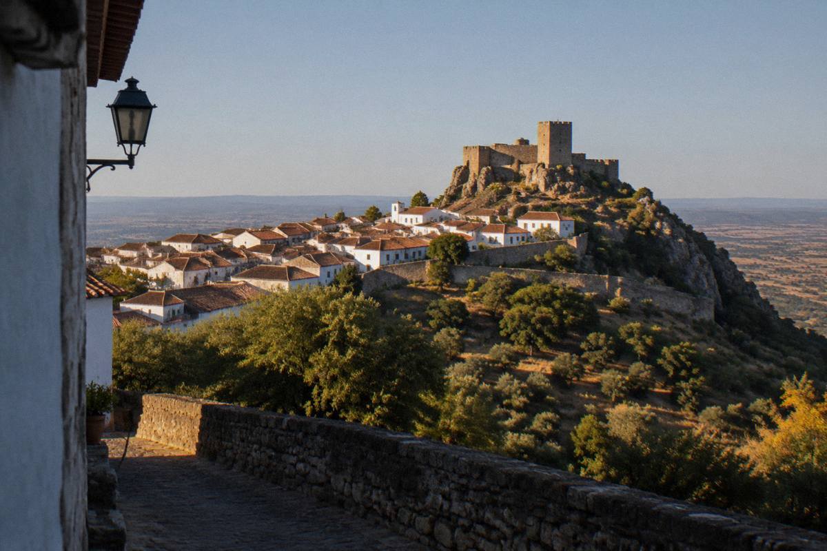 A small whitewashed walled village on a granite crag with a stout stone castle above a wide dry plain