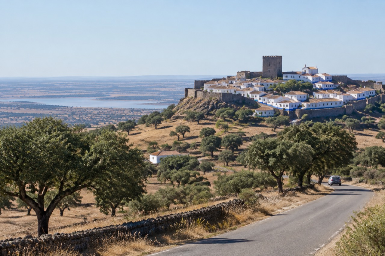 A quiet road crossing rolling Alentejo farmland with cork oaks and a hilltop town in the distance