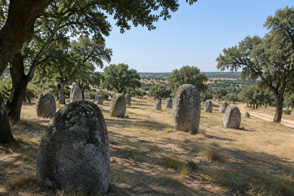 Standing stones of the Almendres cromlech scattered across a grassy hillside in low light