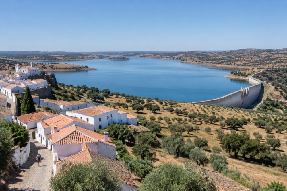 White-walled houses and narrow lanes of Monsaraz village above the Alqueva lake