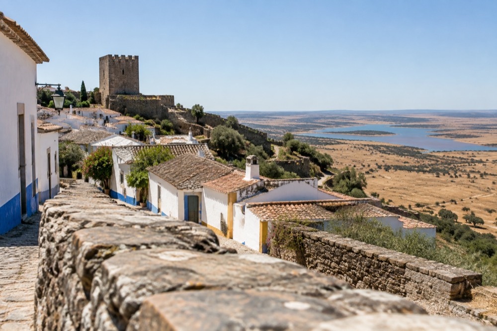 A wide empty national road cutting through golden Alentejo plains under a big sky
