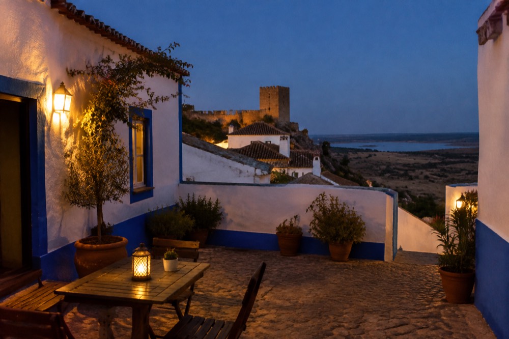 A guest courtyard with whitewashed walls and blue trim in an Alentejo town at dusk