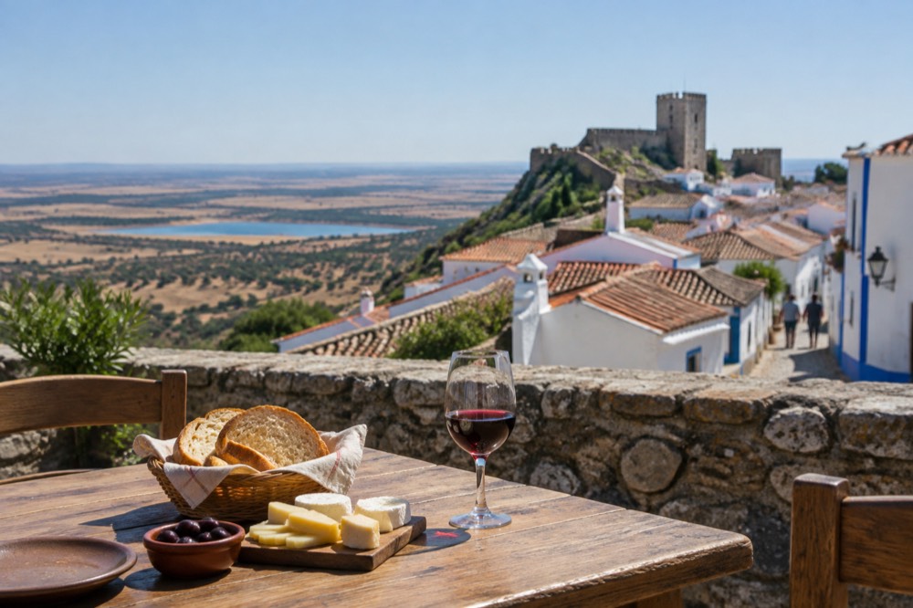 A table set with Alentejo bread, cheese and a glass of red wine in a rustic tavern