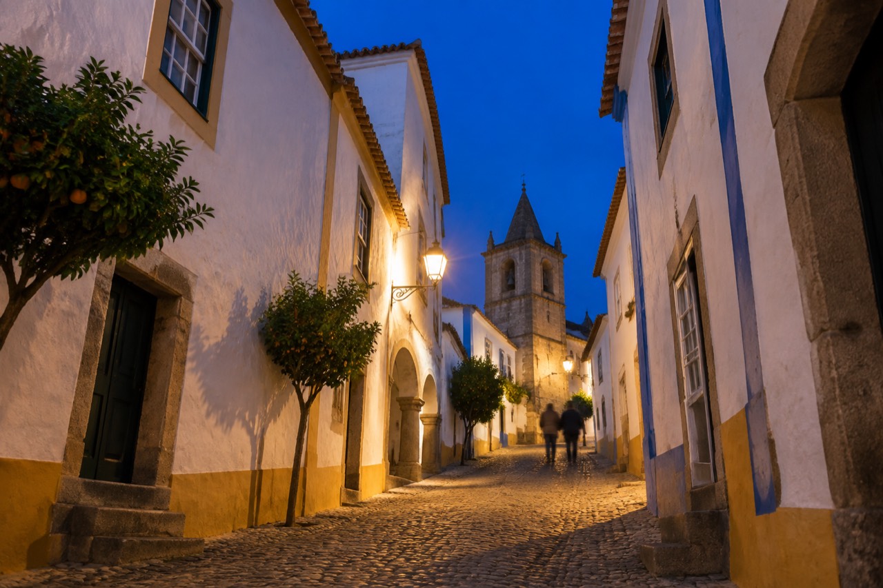 Lit medieval streets and church towers of Évora seen in the blue light after sunset