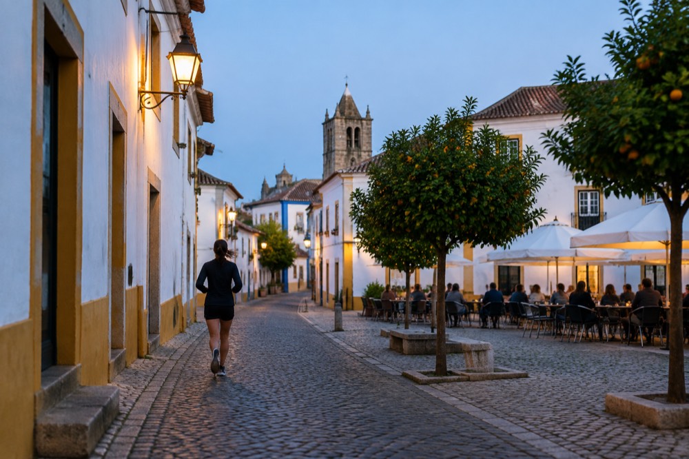 People seated at outdoor tables on a square in Évora in the evening