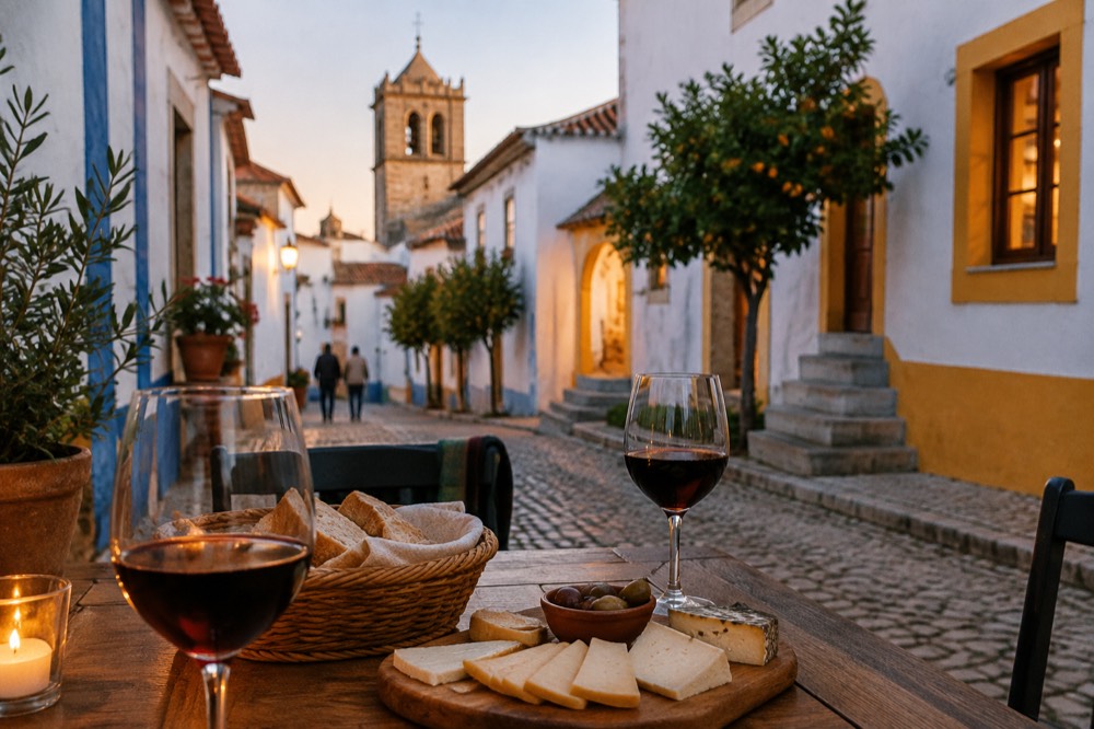 A table with wine glasses and regional bread and cheese on an evening terrace in Évora