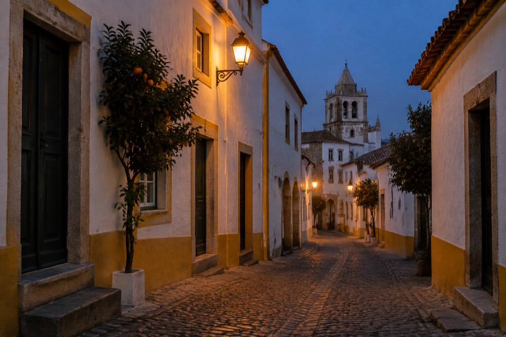 A quiet whitewashed lane in Évora lit by street lamps at night