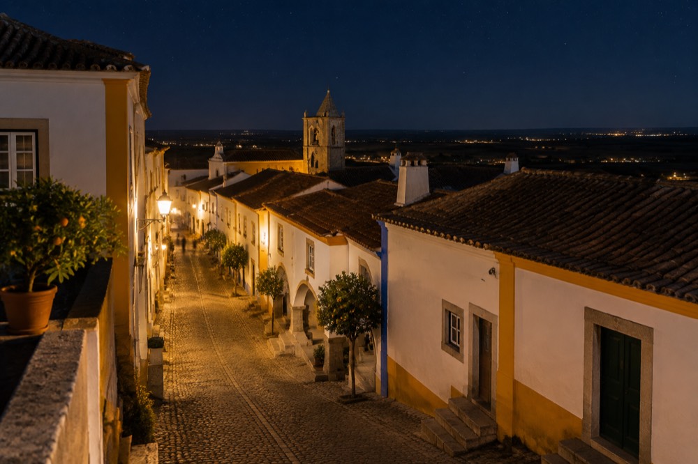A dark night sky with stars above the flat Alentejo landscape near Évora
