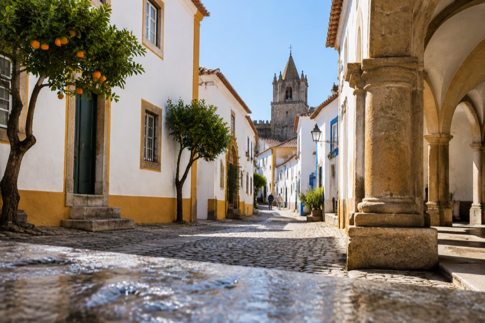 The stone arches of a historic church cloister in Évora with warm light on the columns