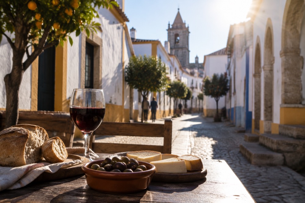A rustic Alentejo table with bread, cheese, olives and a glass of red wine