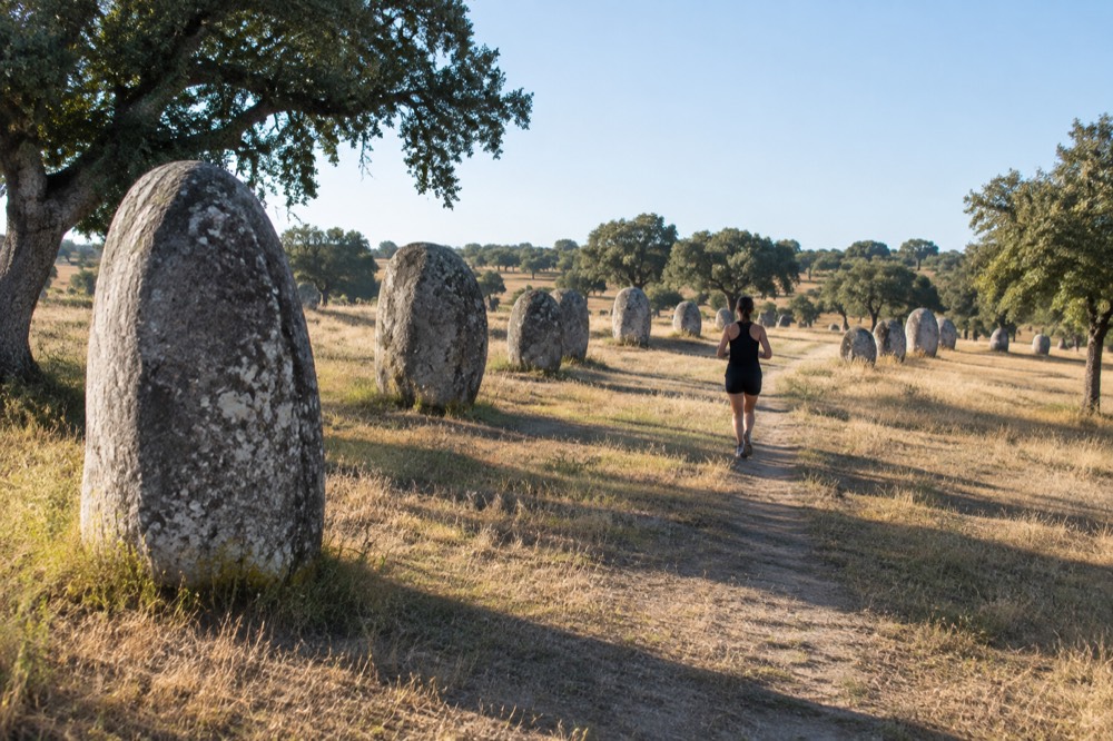 Standing stones of the Almendres cromlech scattered across a grassy plain under a wide sky