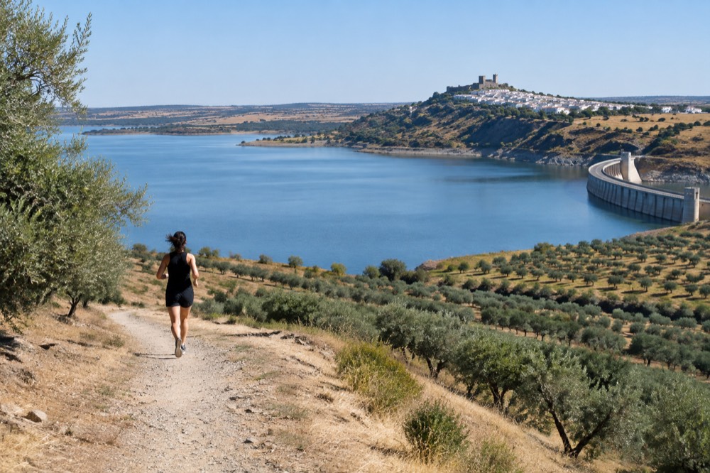 The walled hilltop village of Monsaraz with its castle above the Alqueva lake landscape