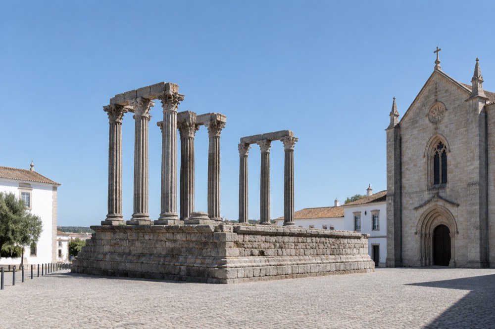 The Roman temple columns of the Templo Romano in Évora seen from the square beside the cathedral