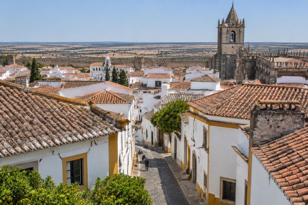 The tiled rooftops of Évora seen from the cathedral roof terrace with the Alentejo plain on the horizon