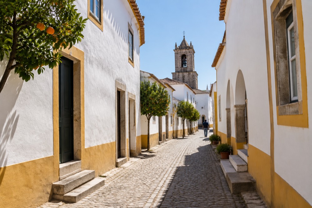 A narrow white street with yellow trim in the historic centre of Évora leading toward a church tower