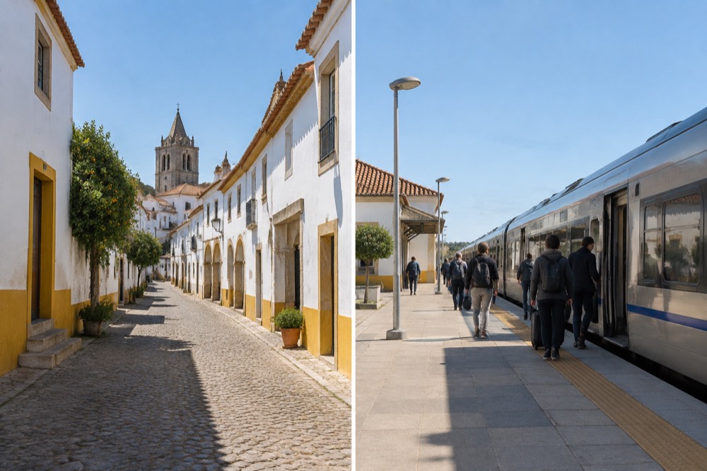 An Intercidades train at Évora station platform with passengers boarding