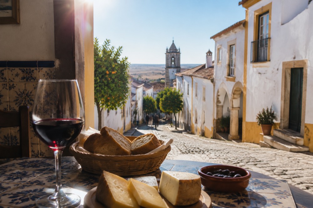 A table with Alentejo red wine, bread and cheese in a tiled tavern in Évora
