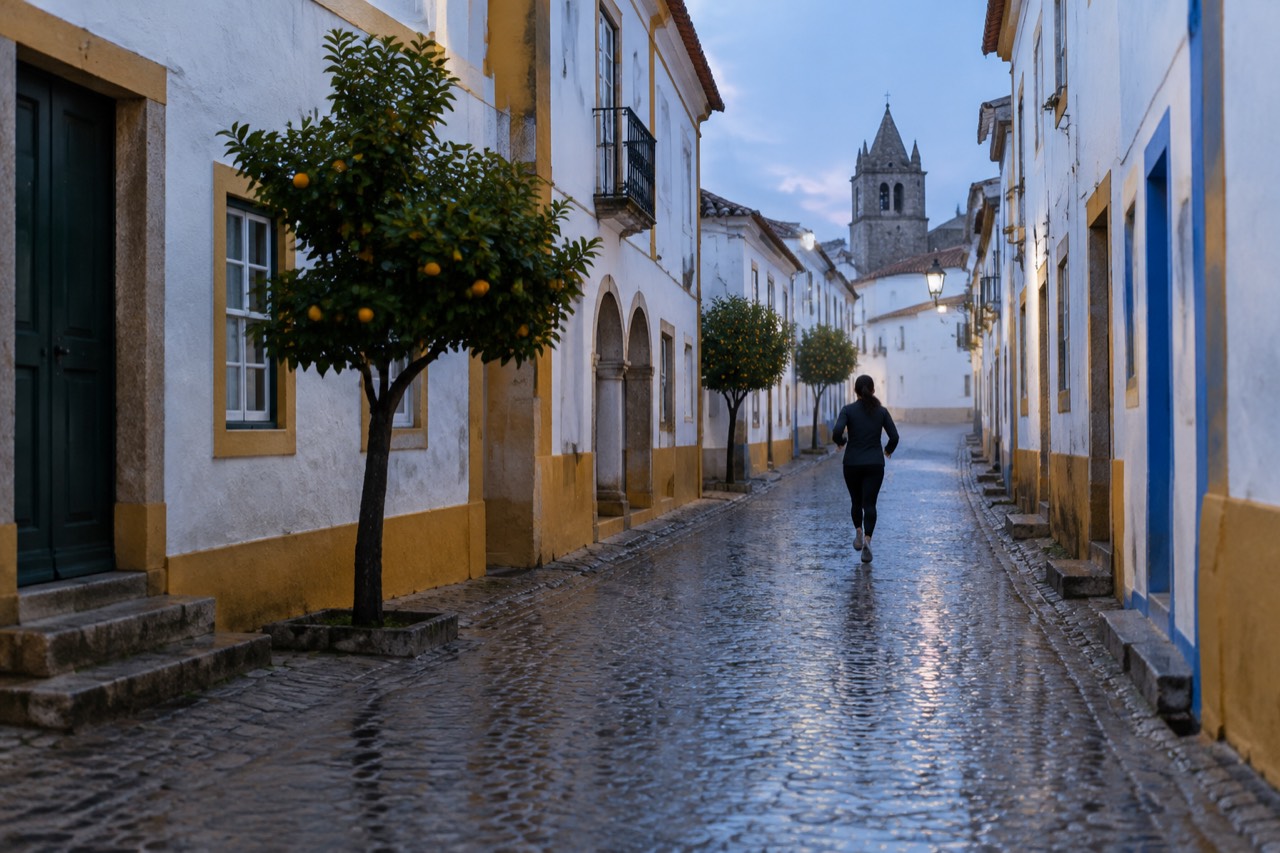 Wet cobblestone street in the historic centre of Évora with pale buildings and an empty square in soft rain