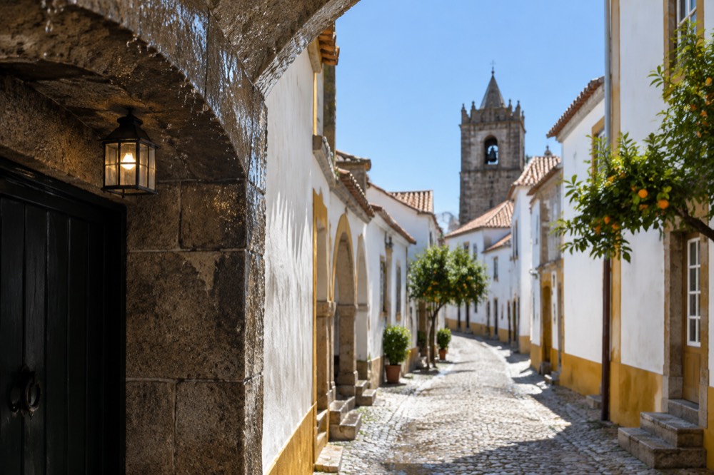 Raindrops on a stone archway in Évora with a lantern glowing above a dark doorway