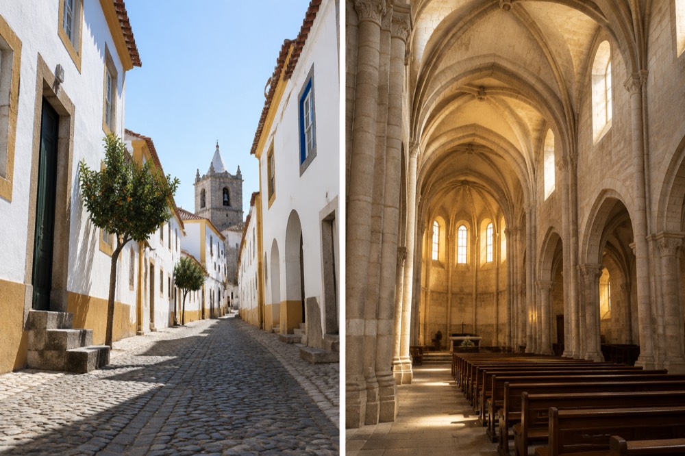 Interior of a stone church in Évora with vaulted ceiling and warm light through high windows