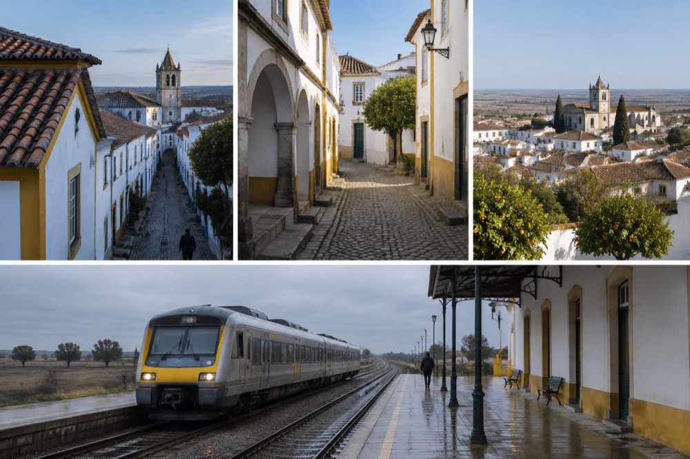 Regional train at Évora station platform under an overcast sky with wet rails
