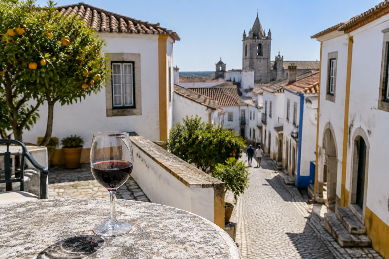 A glass of red Alentejo wine on a stone table in a sunlit Évora courtyard.
