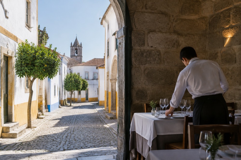 A waiter setting a table for dinner in a stone-walled Évora dining room.