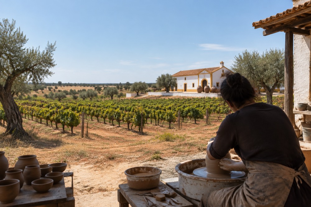 A potter shaping clay on a wheel in an Alentejo workshop.
