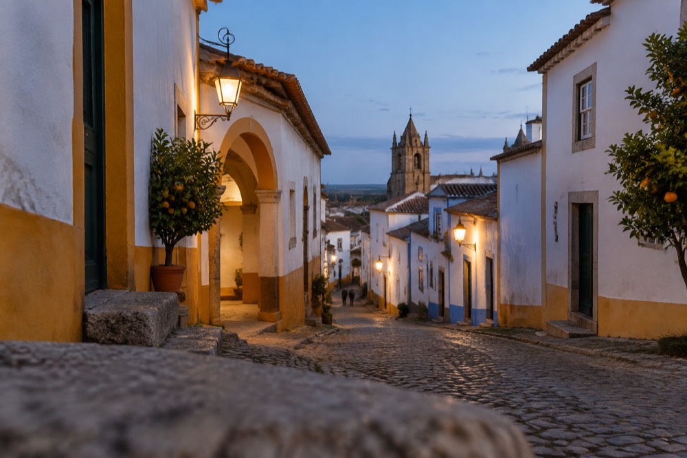 Dusk over the tiled roofs and church towers of Évora's old town.