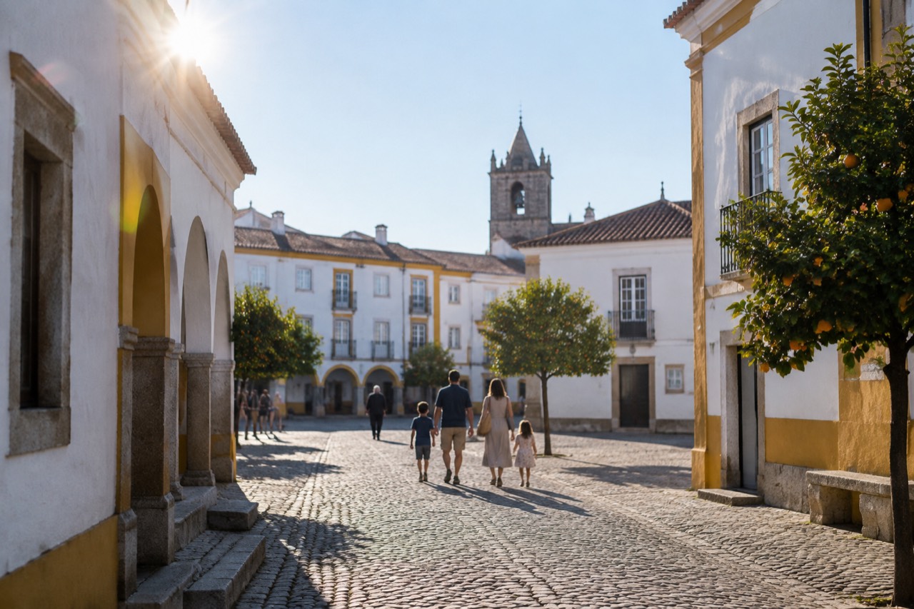 Families walking a cobbled square in Évora with whitwhitewashed buildings around them