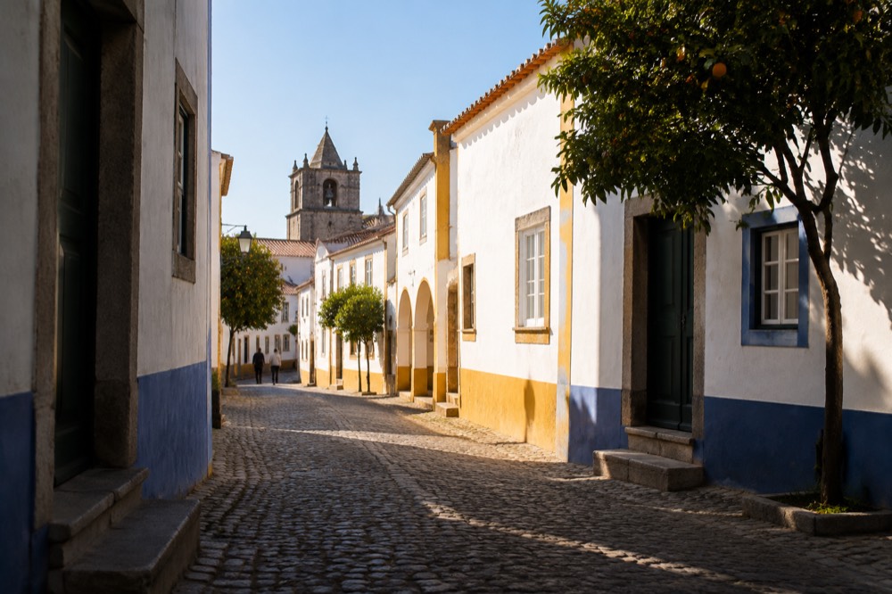 A shaded cobbled street in Évora with white walls and blue trim in strong sunlight