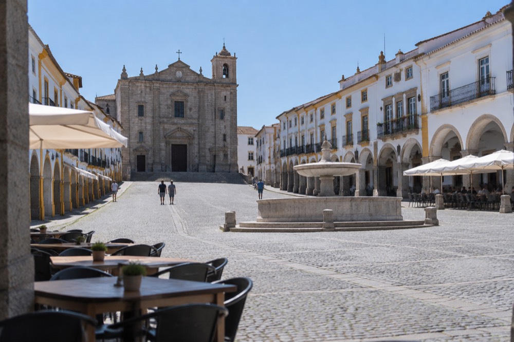 The fountain and arcade of Praça do Giraldo in Évora on a bright day