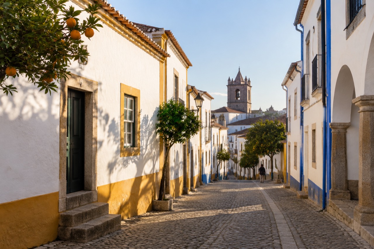 A quiet walled street in Évora with whitewashed houses and blue and yellow trim under a warm sky