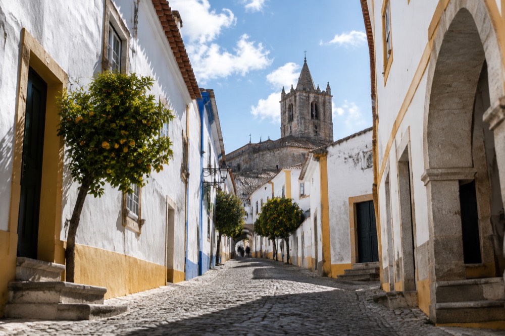 The walled skyline of Évora at golden hour with towers and rooftops seen from outside the walls
