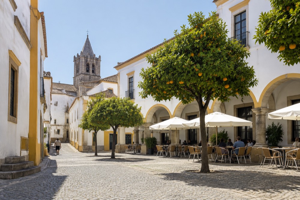 A sunlit square in Évora with orange trees and café tables along an arcade