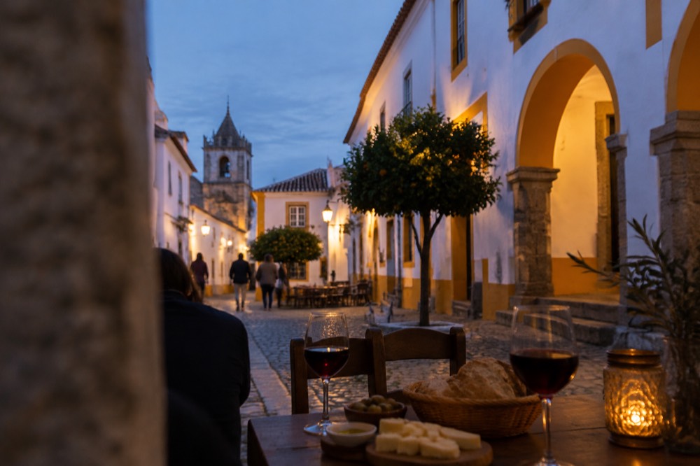 An evening table with wine glasses and Alentejo bread and cheese in a lit square in Évora