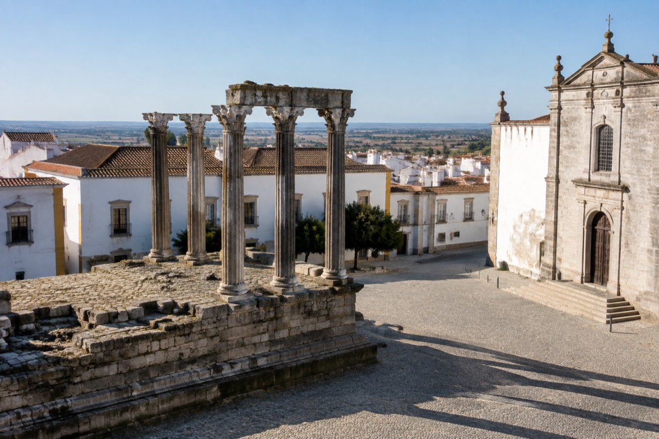 The Roman temple and whitewashed houses of Évora's historic centre under a clear sky