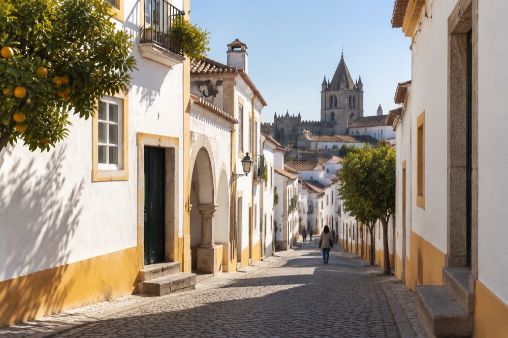 A golden late-afternoon view across Évora's rooftops and cathedral towers