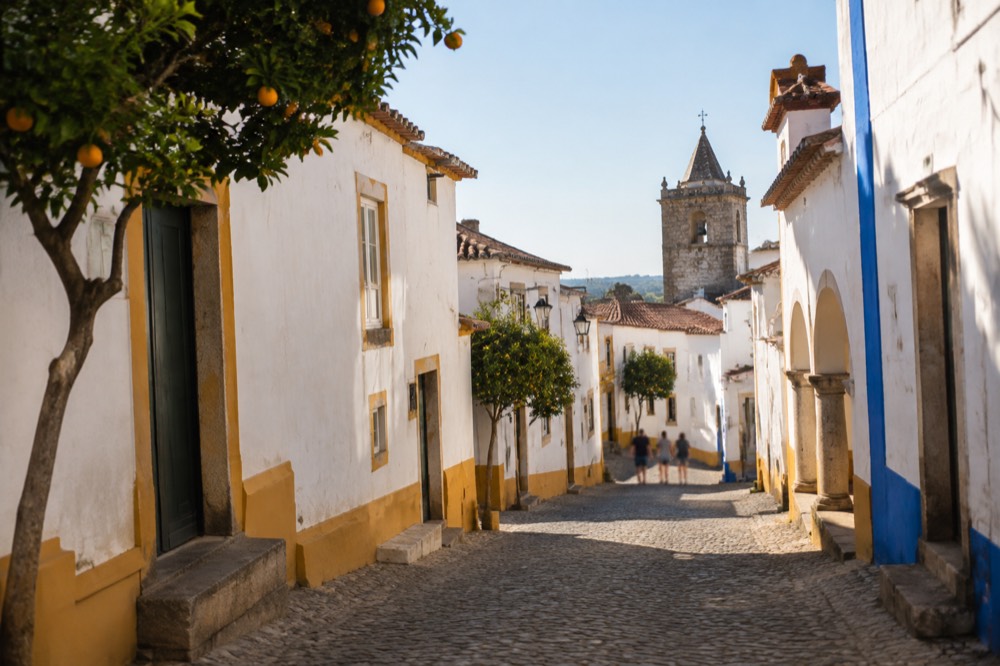 A whitewashed Alentejo hill town with a castle tower above narrow streets