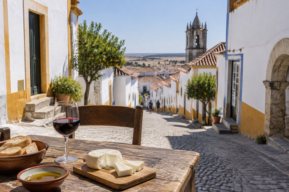 A rustic Alentejo table with red wine, bread, olive oil and sheep's cheese