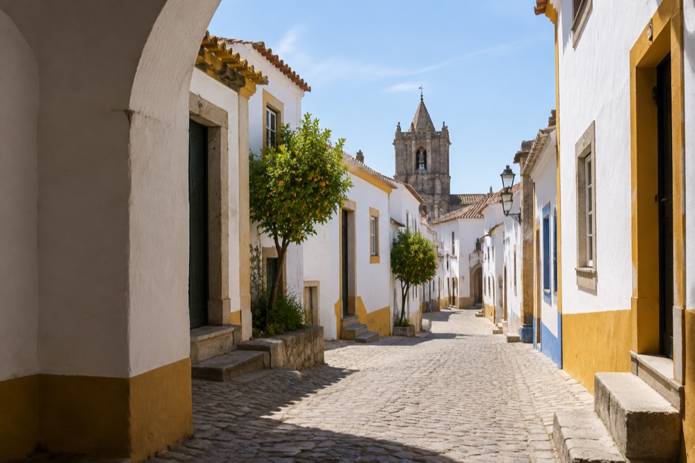 A train travelling through open Alentejo countryside toward Évora