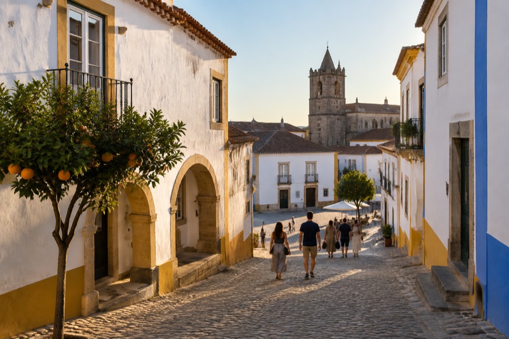 Visitors walking through a sunlit square in Évora in warm evening light