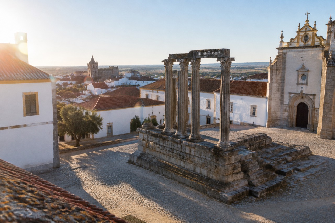 The Roman temple and historic rooftops of Évora seen in warm morning light