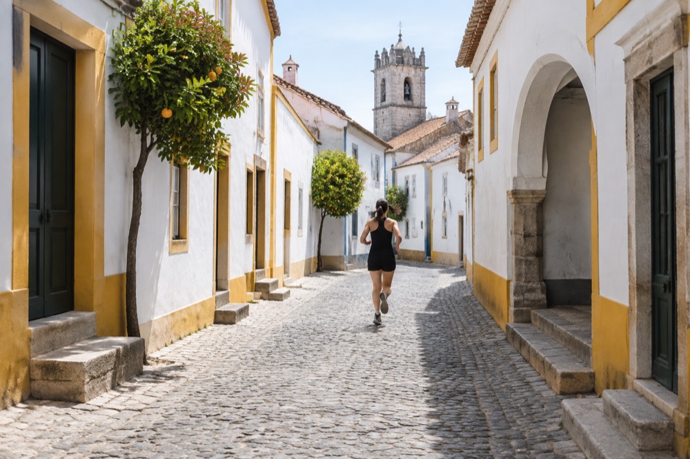 A quiet cobbled street inside the walled historic centre of Évora